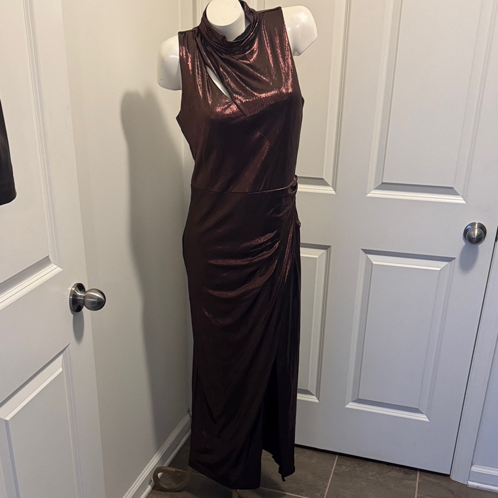 Elegant Asymmetrical Sleeveless Dress in Metallic Brown